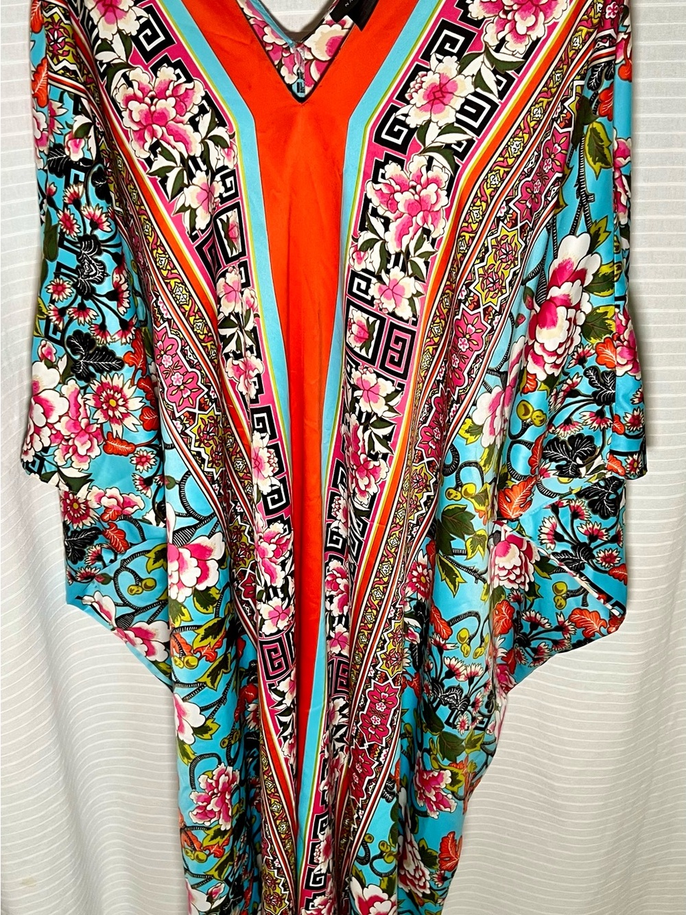 Natori Vibrant Floral Kimono in Turquoise, Coral, Pink and Black